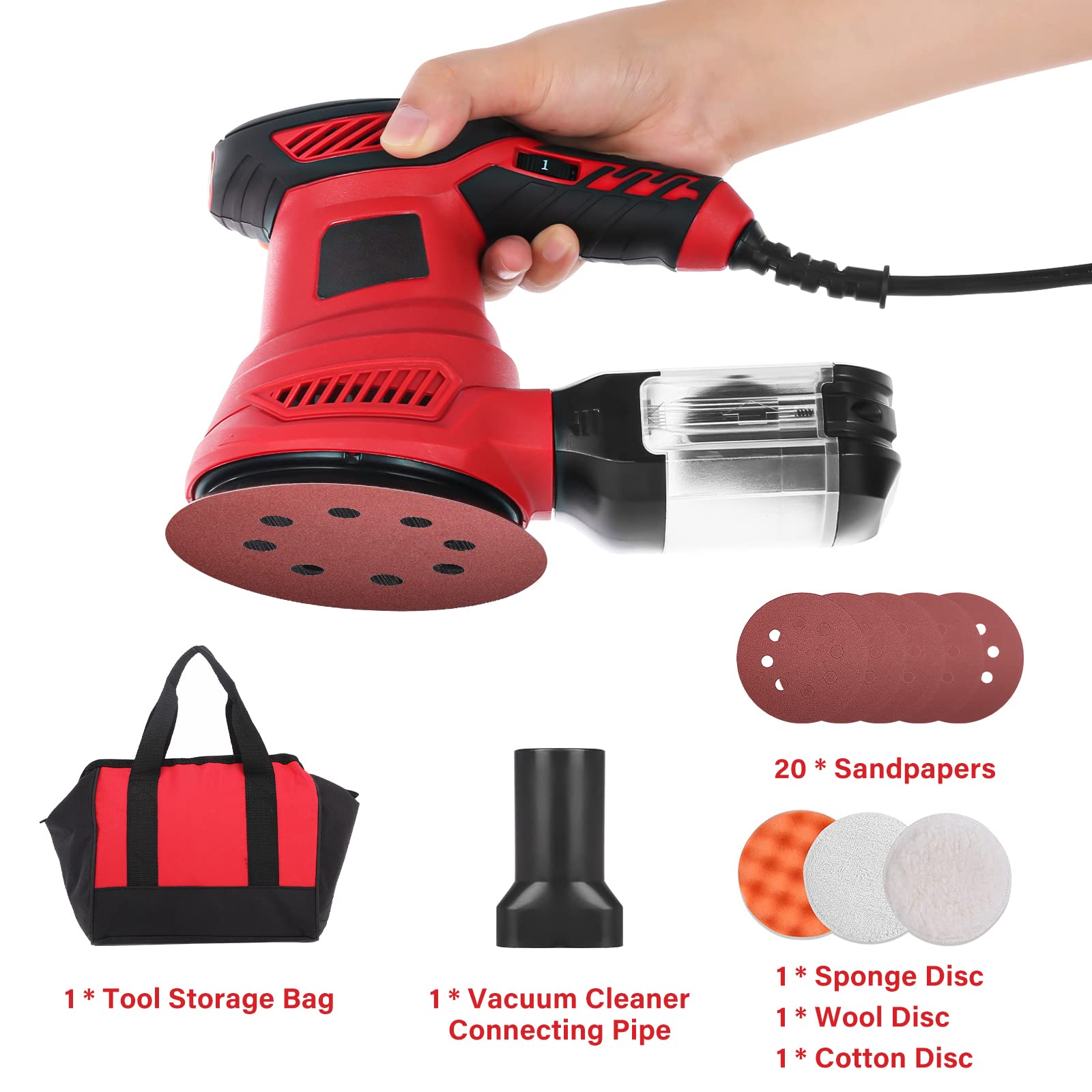 Orbital Sander, 300W Power Random Orbital Sanders with Dust Box 6 Variable Speed 6000-13000 RPM 20Pcs Sandpaper Electric Sanders for Woodworking