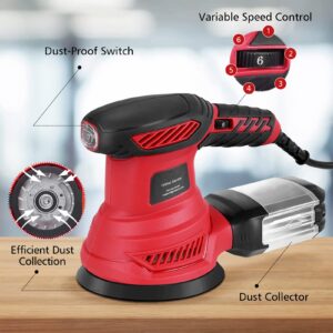 Orbital Sander, 300W Power Random Orbital Sanders with Dust Box 6 Variable Speed 6000-13000 RPM 20Pcs Sandpaper Electric Sanders for Woodworking