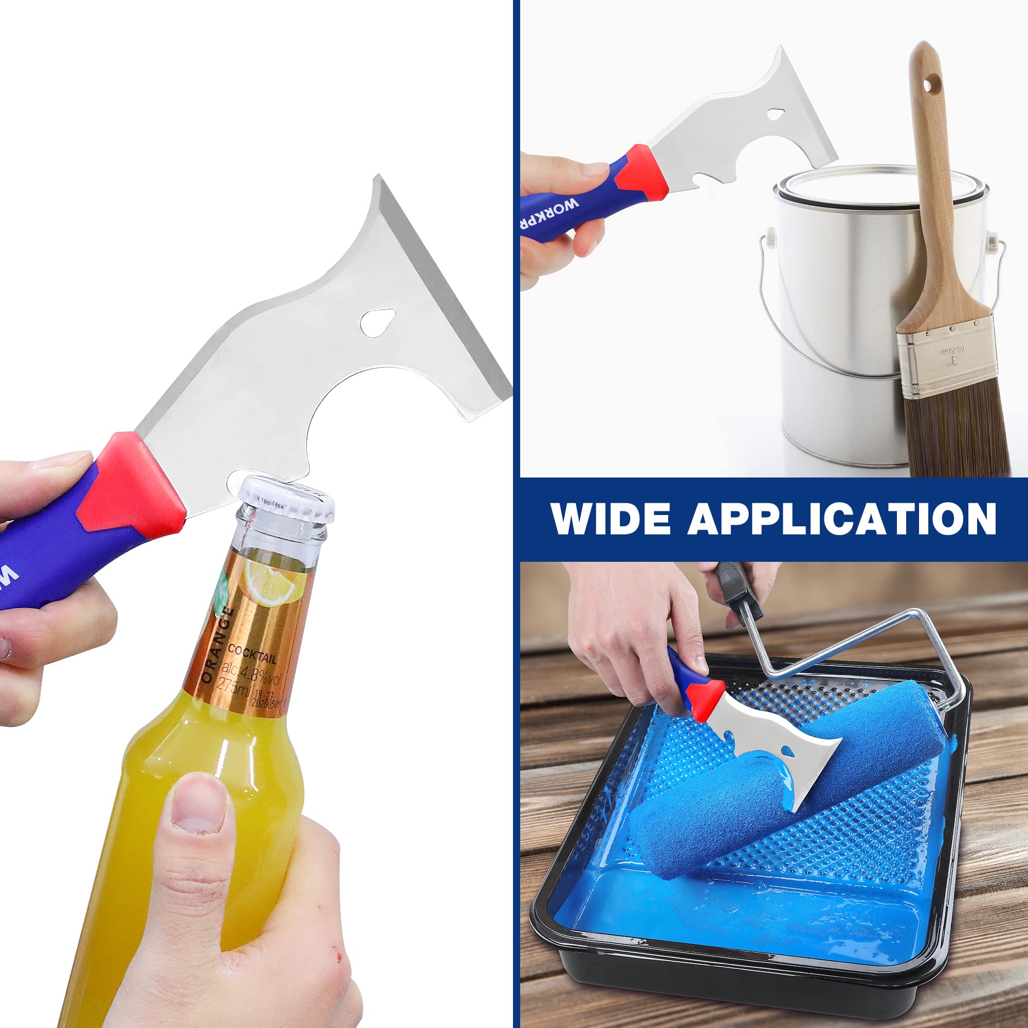 WORKPRO Paint Scraper, 8 in 1 Paint Remover, Metal Putty Knife with Hammer End and Can Opener, Stainless Steel Scraper Tool for Removing Caulk, Painting, Wood and Wallpaper