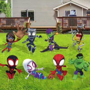 spider party supplies,8pcs yard signs with stakes,spidey friends birthday decorations,outdoor lawn yard signs for spidey theme party (spidey friends)