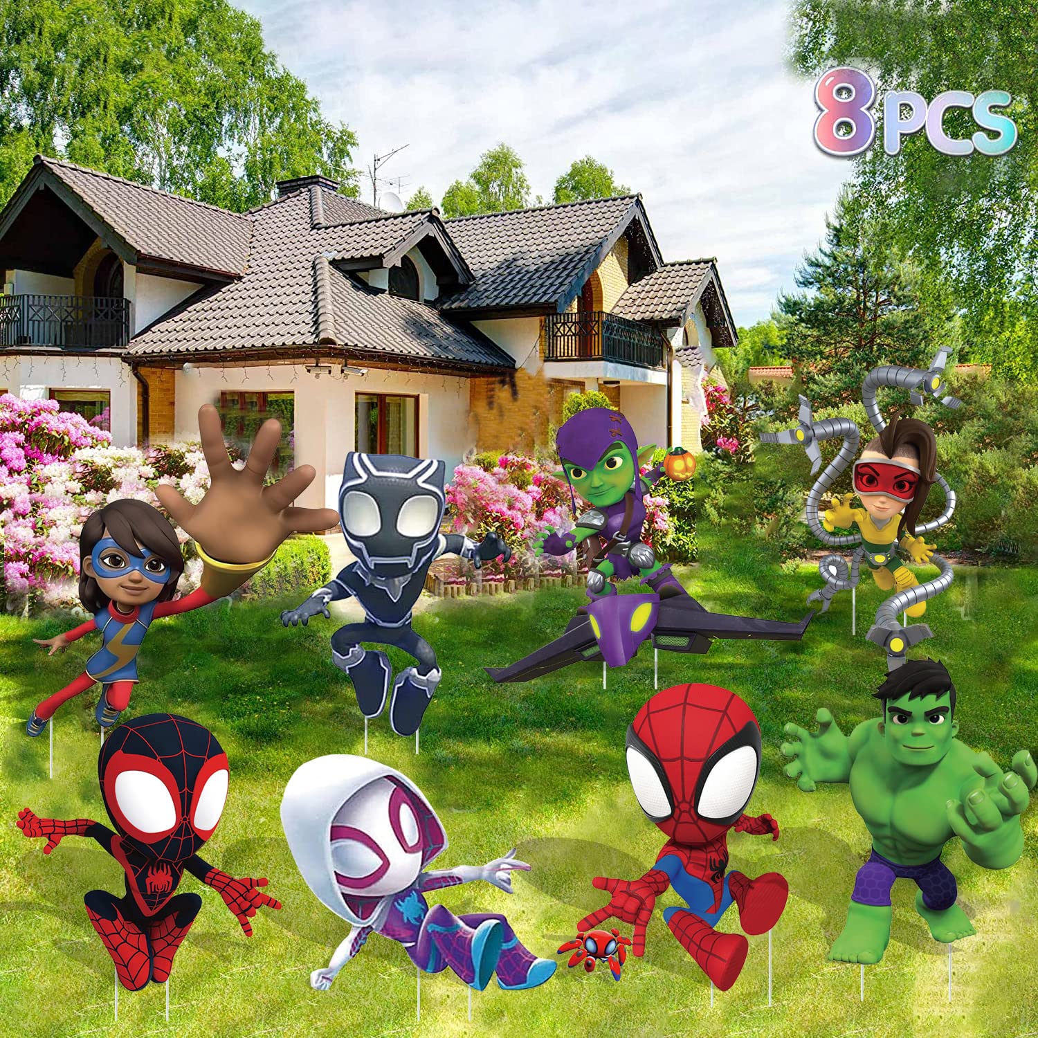 Spider Party Supplies,8PCS Yard Signs with Stakes,Spidey Friends Birthday Decorations,Outdoor Lawn Yard Signs for Spidey theme Party (Spidey Friends)