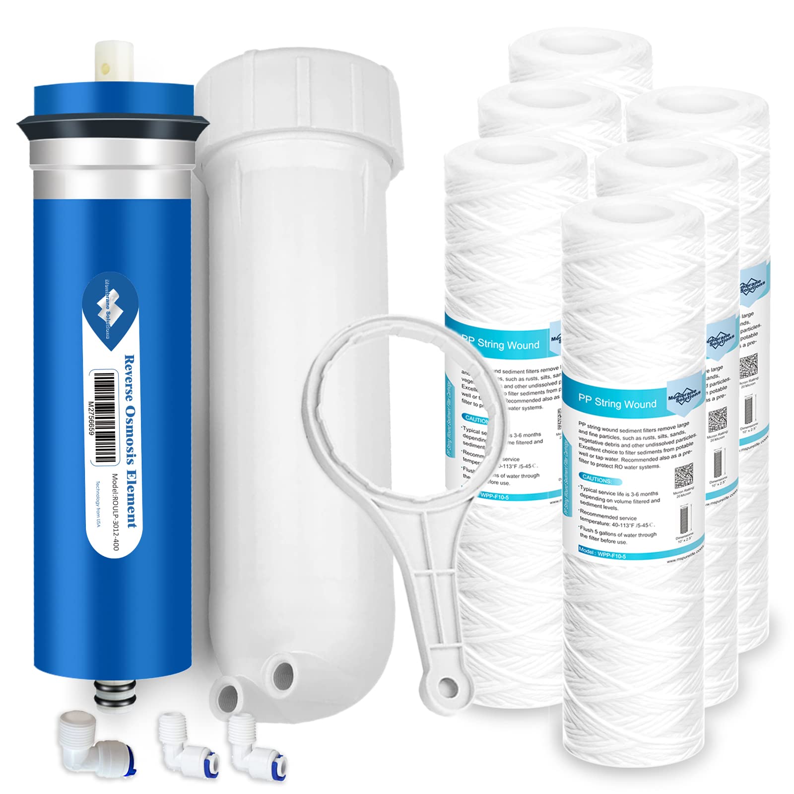 400G RO Membrane with Housing & 5 Micron String Wound Water Filter by Membrane Solutions, Whole House Water Filter Replacement Cartridge