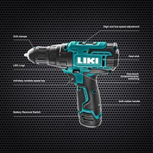 Cordless Drill Driver Set, 12V Power Drill Kit with Battery and Charger, MAX Drill 280 In-lb Torque 3/8" Keyless Chuck Built-in LED-Drill for Wood Bricks Walls Metal, Furniture Installation