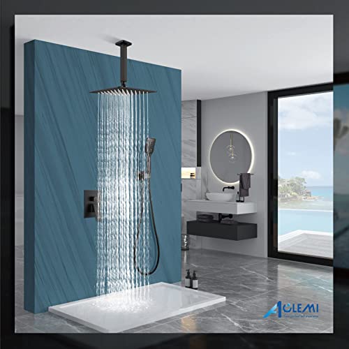 Aolemi 12 Inch Oil Rubbed Bronze Shower System Ceiling Mount Rain Shower Head with 3 Functions Hand-held Spray Bathroom Luxury Pressure Balance Rough-in Valve Shower Trim Kit Shower Faucet Combo Set