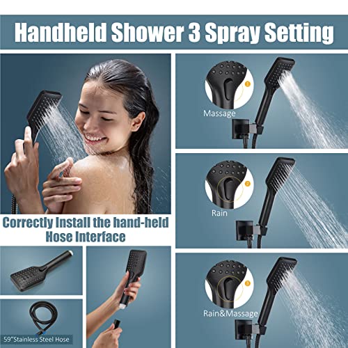 Aolemi 12 Inch Oil Rubbed Bronze Shower System Ceiling Mount Rain Shower Head with 3 Functions Hand-held Spray Bathroom Luxury Pressure Balance Rough-in Valve Shower Trim Kit Shower Faucet Combo Set