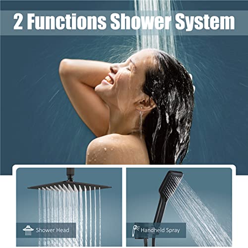 Aolemi 12 Inch Oil Rubbed Bronze Shower System Ceiling Mount Rain Shower Head with 3 Functions Hand-held Spray Bathroom Luxury Pressure Balance Rough-in Valve Shower Trim Kit Shower Faucet Combo Set