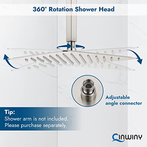 Cinwiny 12 Inch Shower Head Rainfall Brushed Nickel Luxury Square SUS304 Rain Showerhead High Pressure 1/16" Ultra-thin Adjustable Angles Waterfall Full Body Coverage with Silicone Nozzle