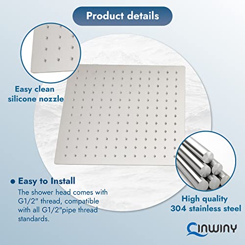 Cinwiny 12 Inch Shower Head Rainfall Brushed Nickel Luxury Square SUS304 Rain Showerhead High Pressure 1/16" Ultra-thin Adjustable Angles Waterfall Full Body Coverage with Silicone Nozzle