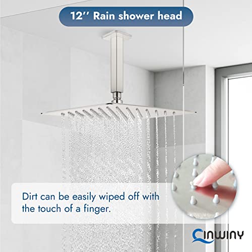 Cinwiny 12 Inch Shower Head Rainfall Brushed Nickel Luxury Square SUS304 Rain Showerhead High Pressure 1/16" Ultra-thin Adjustable Angles Waterfall Full Body Coverage with Silicone Nozzle