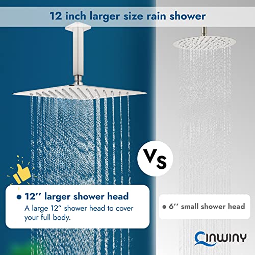 Cinwiny 12 Inch Shower Head Rainfall Brushed Nickel Luxury Square SUS304 Rain Showerhead High Pressure 1/16" Ultra-thin Adjustable Angles Waterfall Full Body Coverage with Silicone Nozzle