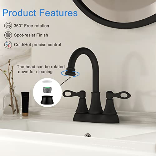 RETHME Black Bathroom Sink Faucet, 360° Swivel Spout 2 Handle Bathrrom Faucets, Lead-Free Modern Bathroom Faucets with Pop-up Drain and Supply Lines,Suit for 2or3 Hole Sink, Matte Black