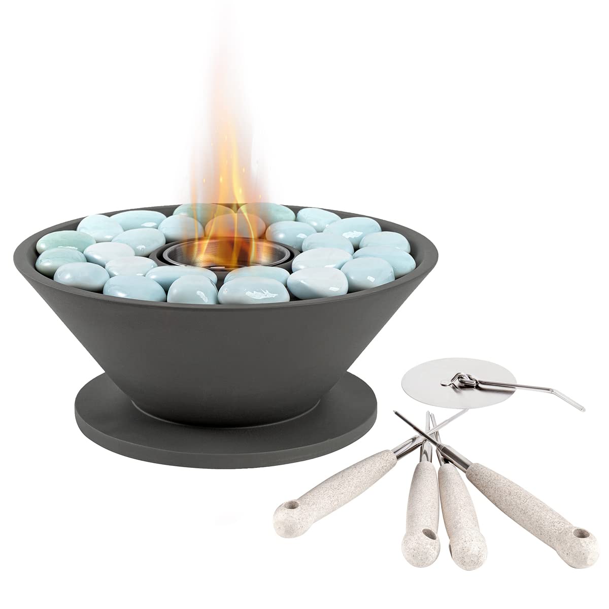 TAKEKIT Tabletop Fire Pit Bowl, 9.4 Inch Concrete Portable Fireplace for Indoor and Outdoor, Personal Fire Bowl with Roasting Sticks, S’Mores Maker, Used with Isopropyl Alcohol