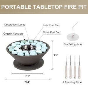 TAKEKIT Tabletop Fire Pit Bowl, 9.4 Inch Concrete Portable Fireplace for Indoor and Outdoor, Personal Fire Bowl with Roasting Sticks, S’Mores Maker, Used with Isopropyl Alcohol