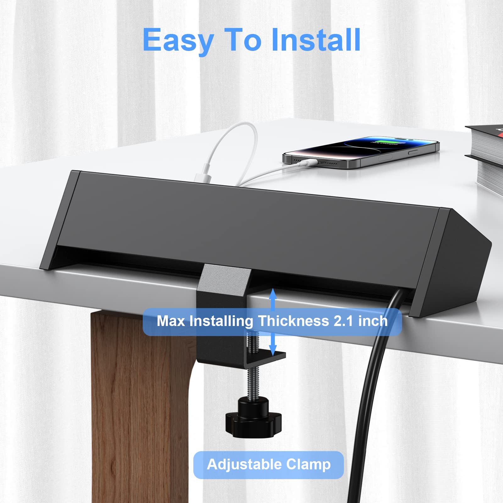 Desk Clamp Power Strip with 20W USB C,USB Total 40W Desk Edge Power Strip,4 Wide Spaced Tamper Resistant AC Outlets,2 USB-C,4 USB-A,6ft Flat Plug Cord,Fit 2.1" Tabletop Edge