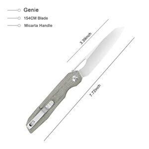Kizer Genie 154CM Steel EDC Knife 3.39 Inches Blade Green Micarta Handle Folding Pocket Knife Thumb Hole Openers V4545C1