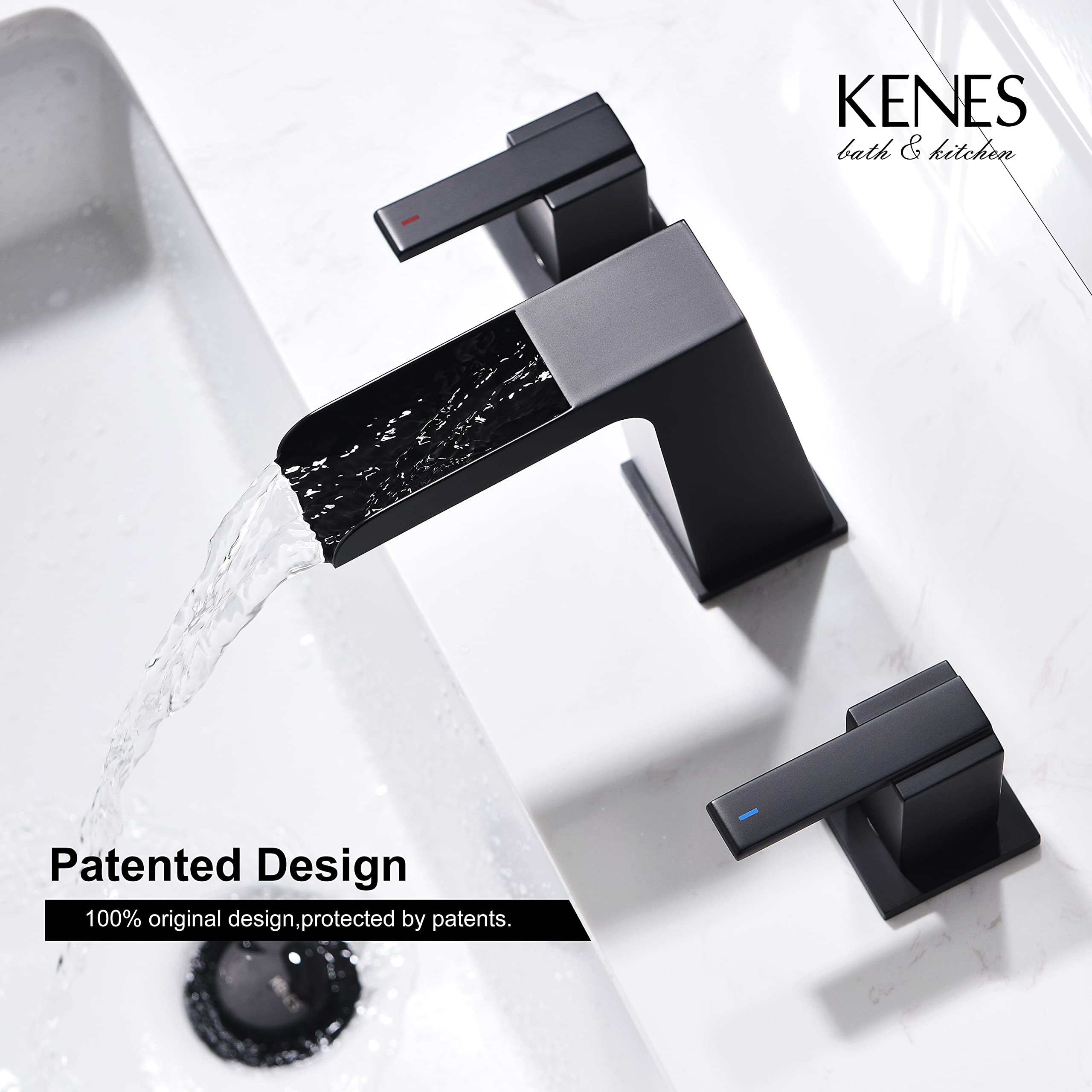 KENES Matte Black 8 Inch Waterfall Widespread Bathroom Faucet 3 Hole, Two-Handle Waterfall Bathroom Sink Faucet, Modern Bathroom Faucets with Supply Lines, KE-9052-2