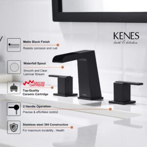 KENES Matte Black 8 Inch Waterfall Widespread Bathroom Faucet 3 Hole, Two-Handle Waterfall Bathroom Sink Faucet, Modern Bathroom Faucets with Supply Lines, KE-9052-2