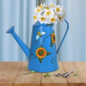 westcharm decorative 2.5 liter large blue sunflower & bee metal watering can (10 cups | 80 oz) | home garden décor housewarming gift for mother women friends gardeners plants lovers
