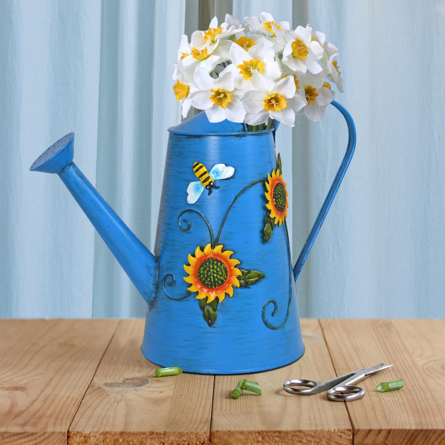 Westcharm Decorative 2.5 Liter Large Blue Sunflower & Bee Metal Watering Can (10 Cups | 80 OZ) | Home Garden Décor Housewarming Gift for Mother Women Friends Gardeners Plants Lovers