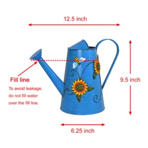 Westcharm Decorative 2.5 Liter Large Blue Sunflower & Bee Metal Watering Can (10 Cups | 80 OZ) | Home Garden Décor Housewarming Gift for Mother Women Friends Gardeners Plants Lovers