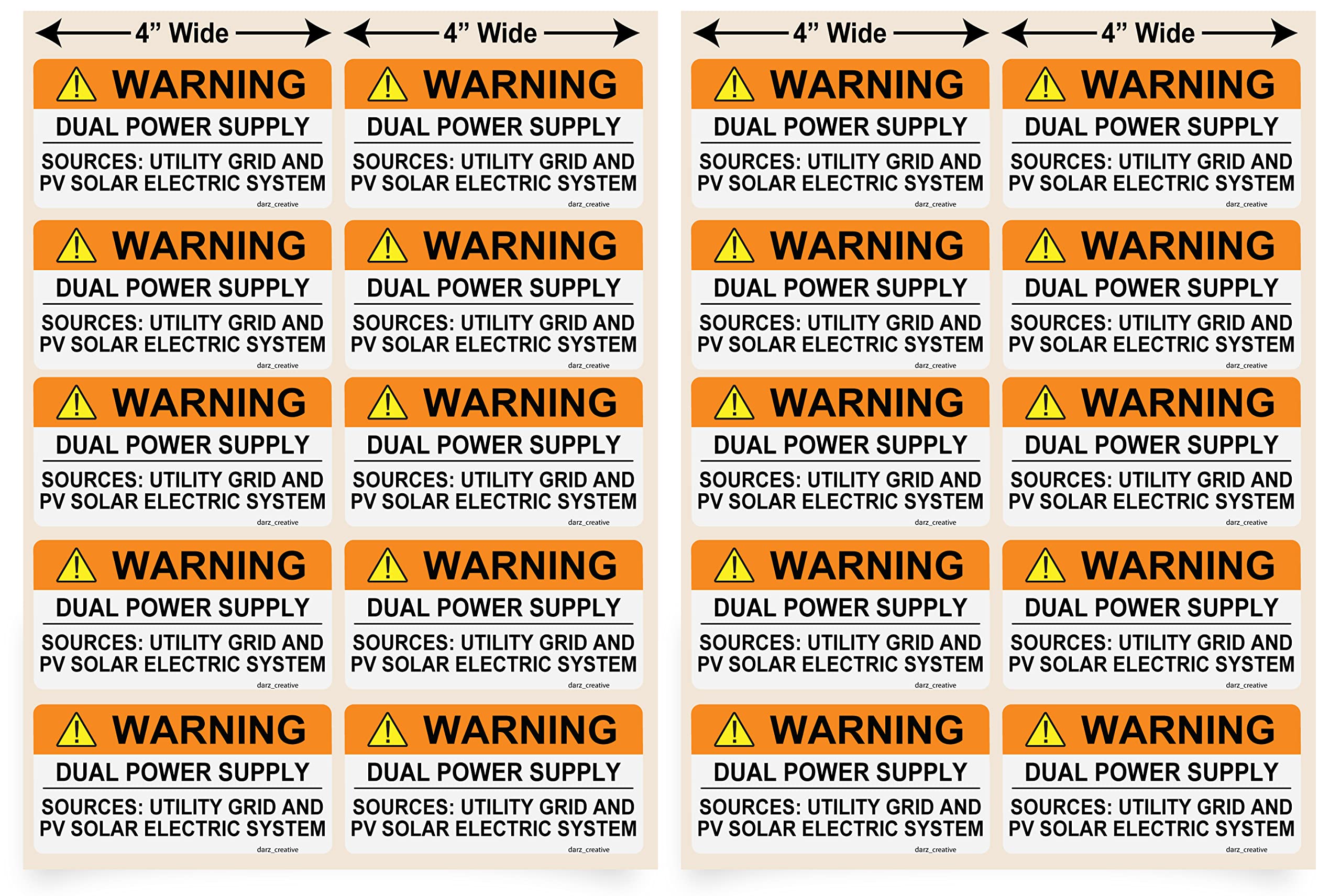 20 Premium Warning Dual Power Supply Solar PV Labels Weatherproof 2020 & 2017 Electrical Code