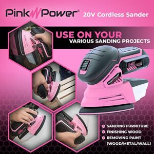 Pink Power Sandpaper for 20V PP204 Cordless Electric Hand Sander - Detail Sand Paper Hook & Loop P60/P80/P120 Grit Sandpaper Pads for Wood, Furniture, & Wall - Sanding Sheets for Palm Sander