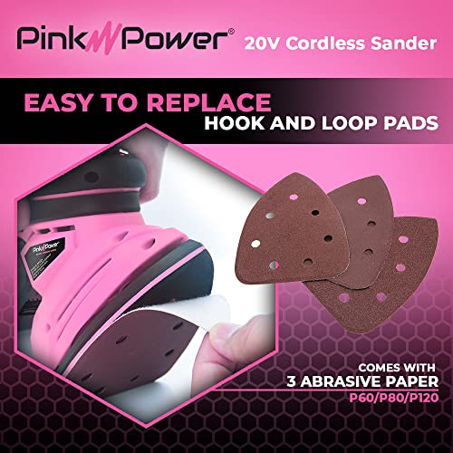 Pink Power Sandpaper for 20V PP204 Cordless Electric Hand Sander - Detail Sand Paper Hook & Loop P60/P80/P120 Grit Sandpaper Pads for Wood, Furniture, & Wall - Sanding Sheets for Palm Sander