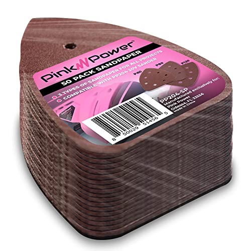 Pink Power Sandpaper for 20V PP204 Cordless Electric Hand Sander - Detail Sand Paper Hook & Loop P60/P80/P120 Grit Sandpaper Pads for Wood, Furniture, & Wall - Sanding Sheets for Palm Sander