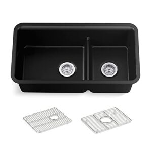 KOHLER Neoroc Undermount Double Bowl Kitchen Sink, Composite Sink with Smart Divide, 33" Double Offset Bowl with Sink Racks