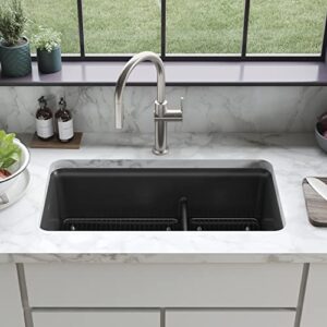 KOHLER Neoroc Undermount Double Bowl Kitchen Sink, Composite Sink with Smart Divide, 33" Double Offset Bowl with Sink Racks