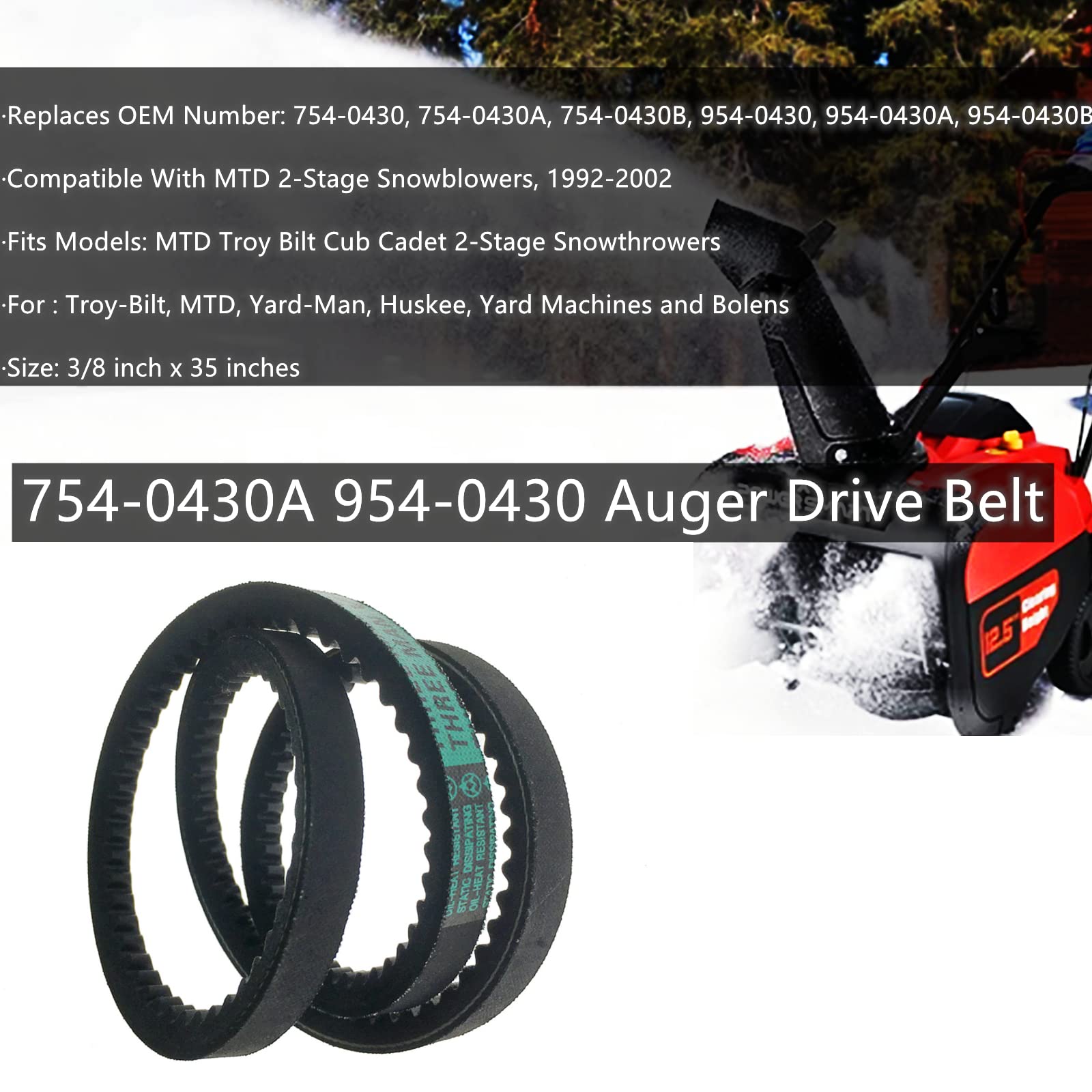 954-0430C 754-0430 Auger Drive Belt for MTD Troy Bilt Cub Cadet 2-Stage Snow Blowers 954-0430A 754-0430A 954-0430 (3/8" x 35")