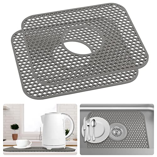 SPOLLSES Silicone Sink Mats, 2 PCS Kitchen Sink Protector Grid Accessory, 13.54 ''x 11.6 '' Sink Mat for Bottom of Farmhouse Stainless Steel Sink, Non-Slip Heat Resistant, Center Drain