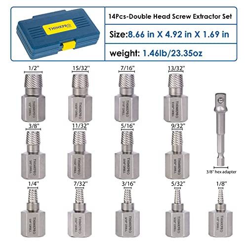 THINKPRO 14PCS Screw Extractor Set, Easy Out Bolt Extractor kit with 3/8" Inch Drive Hex-Head, Multi-Spline Rounded Bolt Remover tool for Removing Damaged Studs, Bolts, Screws