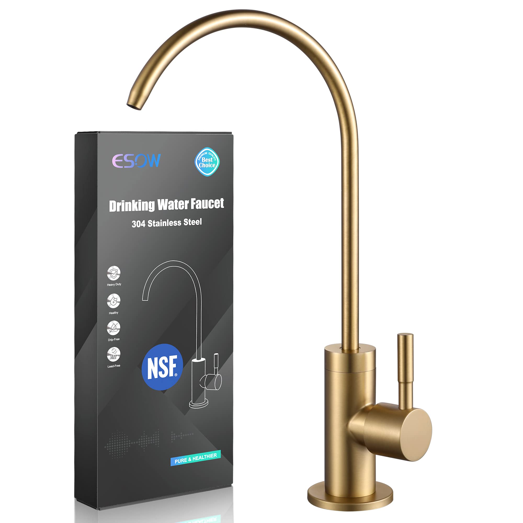 ESOW Kitchen Water Filter Faucet, 100% Lead-Free Drinking Water Faucet Fits Most Reverse Osmosis Units or Water Filtration System in Non-Air Gap, Stainless Steel 304 Body Brushed Gold Finish