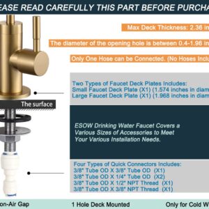 ESOW Kitchen Water Filter Faucet, 100% Lead-Free Drinking Water Faucet Fits Most Reverse Osmosis Units or Water Filtration System in Non-Air Gap, Stainless Steel 304 Body Brushed Gold Finish