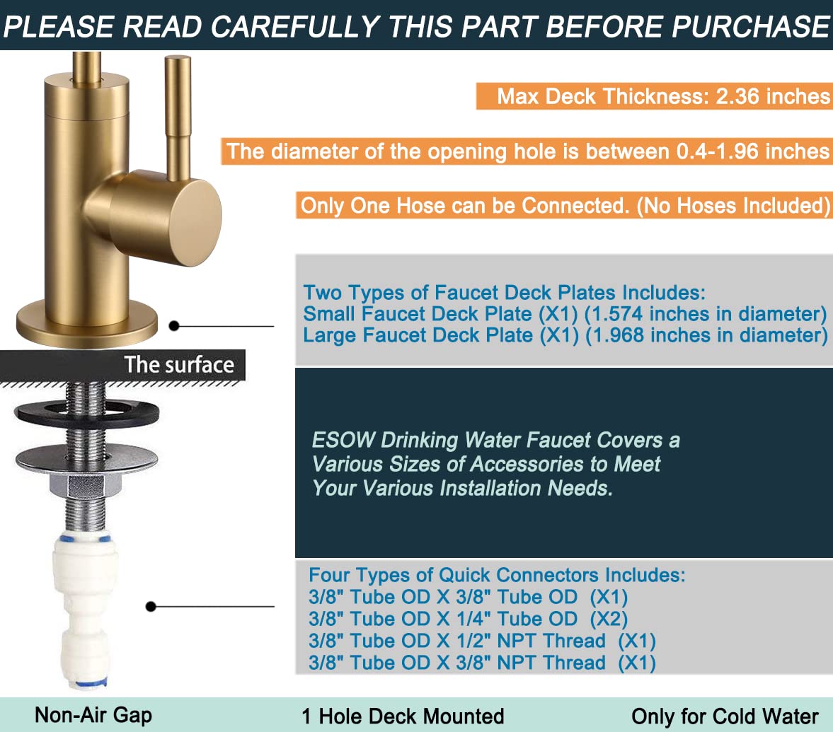 ESOW Kitchen Water Filter Faucet, 100% Lead-Free Drinking Water Faucet Fits Most Reverse Osmosis Units or Water Filtration System in Non-Air Gap, Stainless Steel 304 Body Brushed Gold Finish