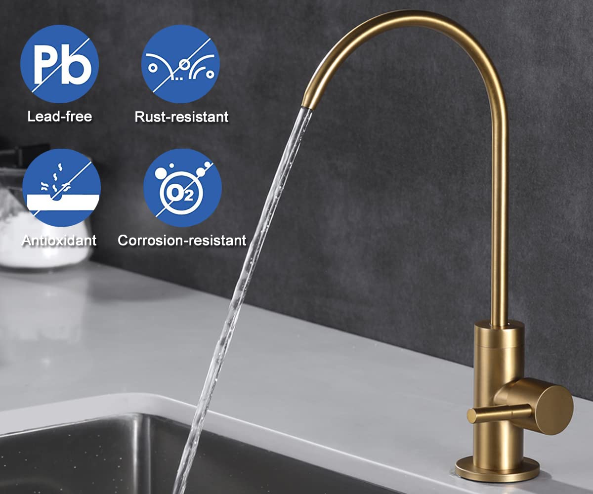 ESOW Kitchen Water Filter Faucet, 100% Lead-Free Drinking Water Faucet Fits Most Reverse Osmosis Units or Water Filtration System in Non-Air Gap, Stainless Steel 304 Body Brushed Gold Finish