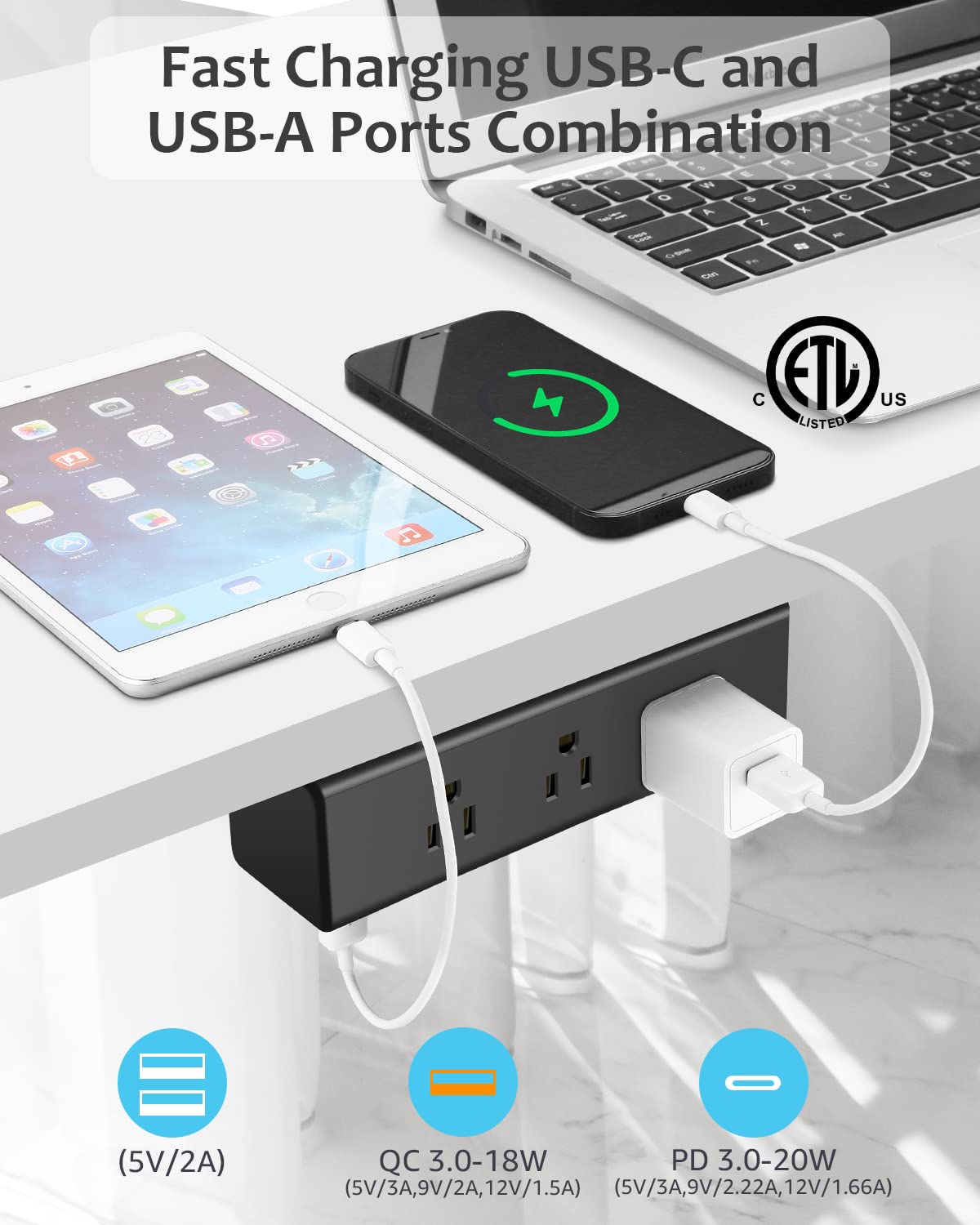 13 in 1 Under Desk Power Strip, Removable Under Desktop Fast Charging Outlet Station with 3 USB A and 1 USB C Ports, Widely Spaced Under Table Surge Protector 1200J, 6FT Extension Cord. (Black)