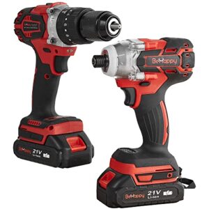 behappy cordless drill combo kit 21v, 1/2 inch brushless power tool kit and 1/4 inch impact driver, electric drill kit with 2 batteries and charger, diy
