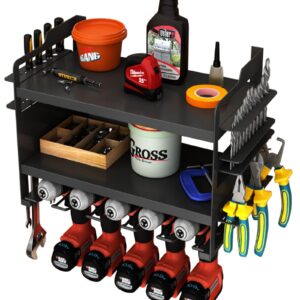 marscore power tool organizer - 5 drill holders, wall mount shelf with screwdriver holder, jobber bit workshop rack, premium garage cordless drill charging station, garage storage & organization