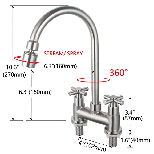 UMANYI Bar Pre Faucet 2 Hole 4 inch Deck Mount Commercial Kitchen Faucet 2 Handle Stainless Steel Brushed Nickel Utility Laundry Sink Faucet with Aerator SSKF10-1Z