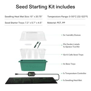 VIVOSUN 6-Pack Seed Starter Trays with 10"x20.75" Seedling Heat Mat, Self-Adjusting Dual Digital Display Temperature Controller, 72-Cell Seed Starter Kit with Humidity Dome, Reusable Propagation Trays