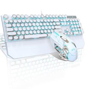 typewriter mechanical gaming keyboard and mouse combo, retro punk round keycap blue led backlit usb wired computer keyboard for game and office, for windows laptop pc, red switches(white)
