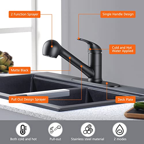 LEPO Pull Out Kitchen Sink Faucets, Single Handle Low Arch Kitchen Faucet with Pull Down Sprayer, Bar Utility Sink Faucets