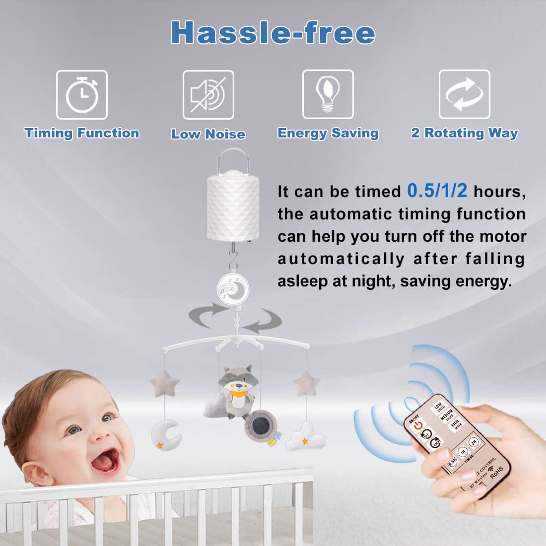 OMCCHK Disco Ball Motor with Remote & Timing,3 Rotating Speed Battery Operated Spinner,2 Way Direction Electric Slow Wind Spinner for Chime Mirror Baby Crib Mobile Hanging Ornament Powered