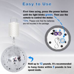 OMCCHK Disco Ball Motor with Remote & Timing,3 Rotating Speed Battery Operated Spinner,2 Way Direction Electric Slow Wind Spinner for Chime Mirror Baby Crib Mobile Hanging Ornament Powered