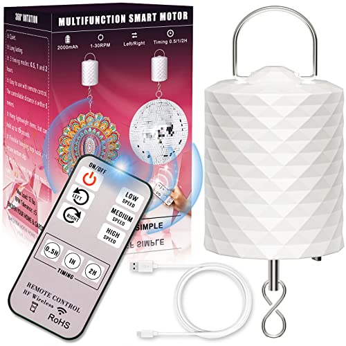 Disco Ball Motor with Remote, 2000mAh Battery Powered Rotating Wind Spinner Motor, Disco Ball Spinner Variable Speed & Timing, USB Rechargeable Hanging Display Motor for Baby Crib Mobile, Wind Chime