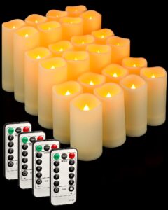 leelosp 24 pieces waterproof led candles with 4 remote and timers, outdoor flickering flameless candles, realistic battery operated pillar candles for wedding halloween christmas home decor, 3 sizes