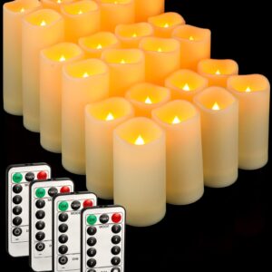 Leelosp 24 Pieces Waterproof LED Candles with 4 Remote and Timers, Outdoor Flickering Flameless Candles, Realistic Battery Operated Pillar Candles for Wedding Halloween Christmas Home Decor, 3 Sizes