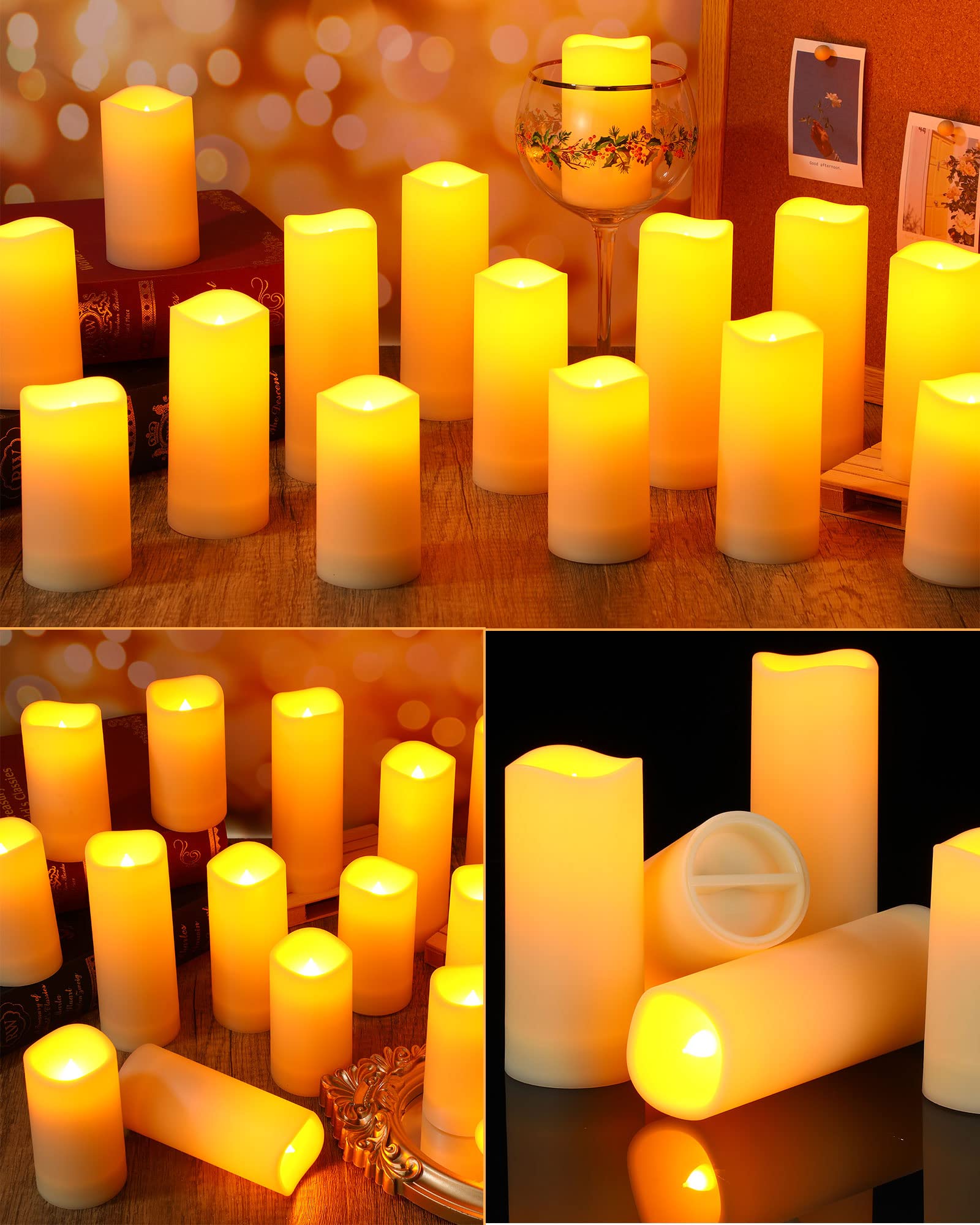 Leelosp 24 Pieces Waterproof LED Candles with 4 Remote and Timers, Outdoor Flickering Flameless Candles, Realistic Battery Operated Pillar Candles for Wedding Halloween Christmas Home Decor, 3 Sizes